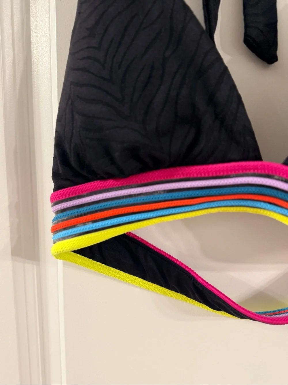 Trina Turk Black Top with Neon Pink and Multi-Color Stripe Trim